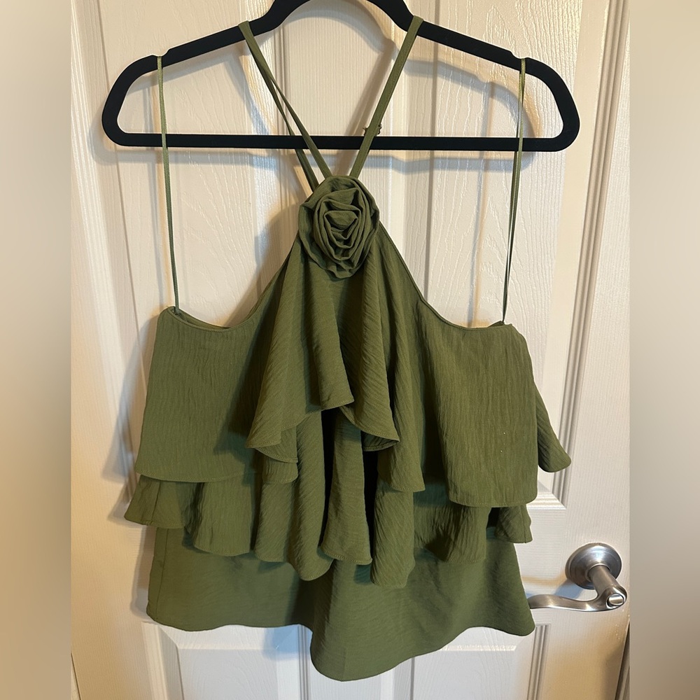 CeCe Floral Detail Layered Ruffle Halter Blouse, Olive Green, Sz Large